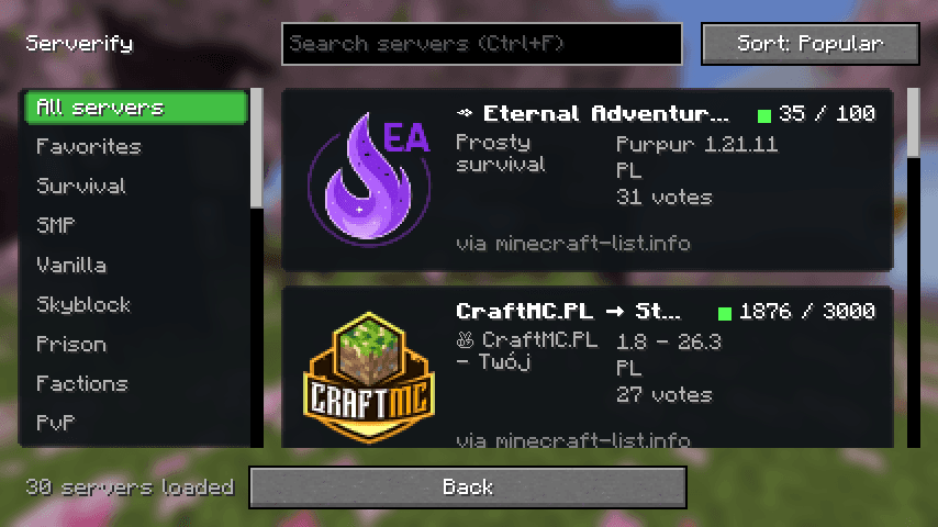 The Serverify server browser with category sidebar and server cards