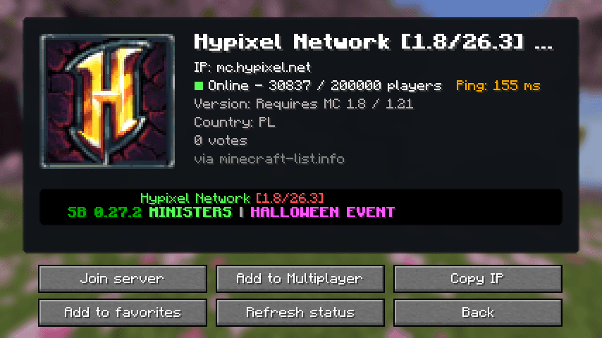 A server page showing live ping, player count and the server message